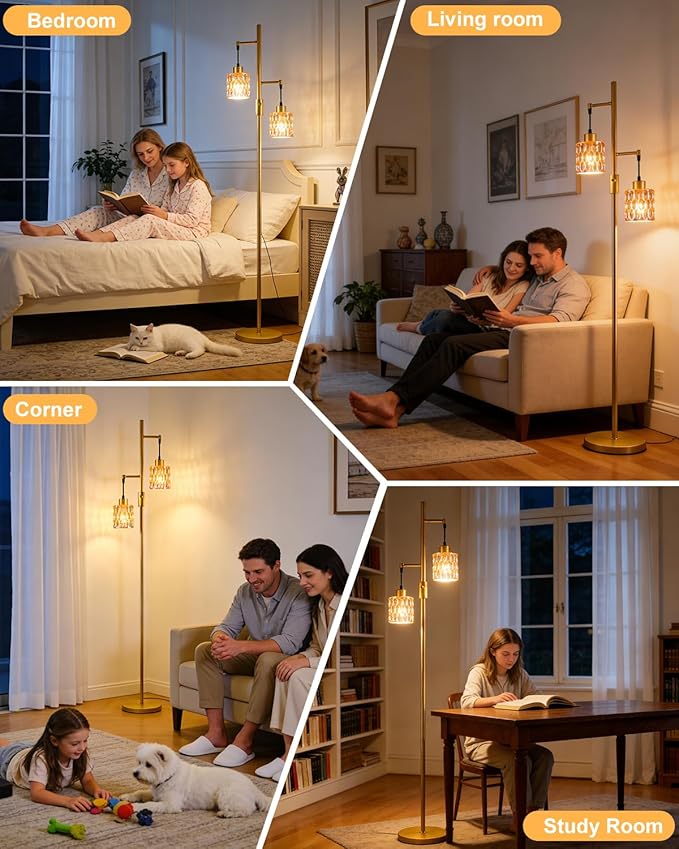 2-Light Gold Floor Lamp, 65IN Tall Standing Lamps Dimmable with Brown Glass Lampshade, 3000K Warmwhite Mid Century Modern Floor Lamp for Living Room/Bedroom