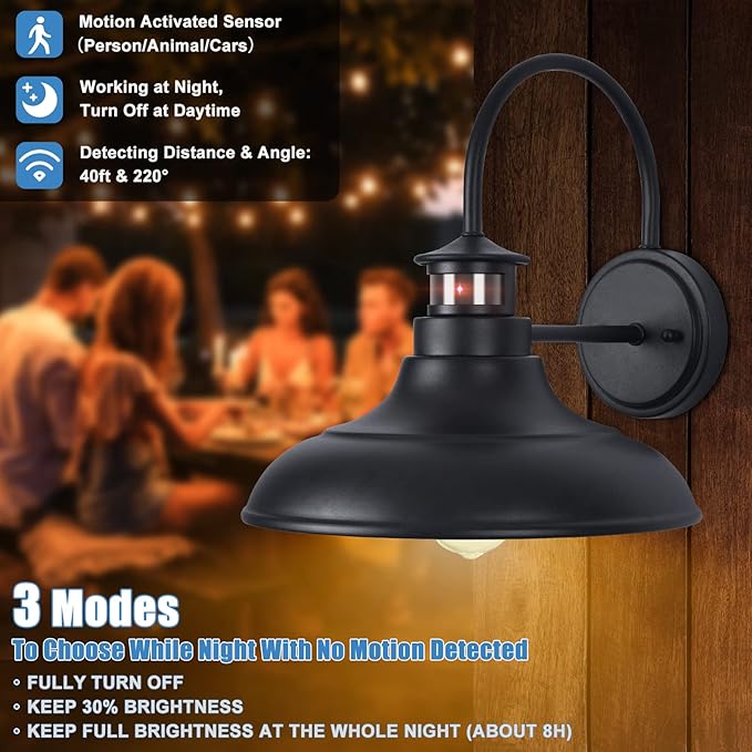 2 Packs Motion Sensor Outdoor Barn Lights - Dusk to Dawn Farmhouse Gooseneck Barn Light, 12in Large Black Porch Light Fixture Wall Mount, Exterior Wall Lighting Fixture for Garage Patio Doorway