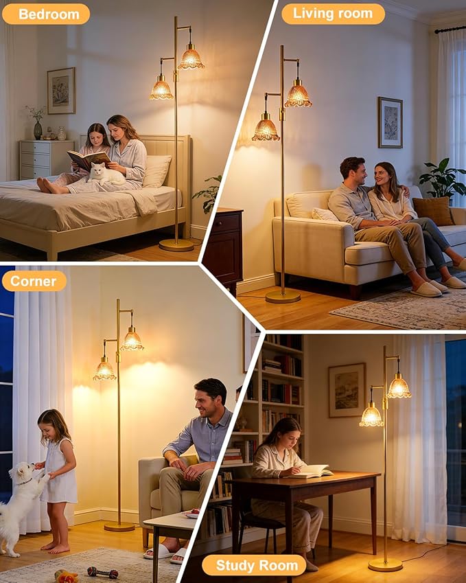 65IN Glass Floor Lamp, 2-Light Gold Tall Standing Lamps Dimmable with Rose Red Glass Lampshade, 3000K Warmwhite Mid Century Modern Floor Lamp for Living Room/Bedroom/Sofa Beside/Home Decor