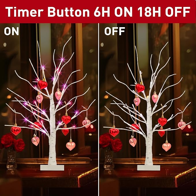 Valentines Day Decorations Birch Tree with Heart-Shaped Ornaments, Lighted Artificial Tree with 24 LED Pink&Red Lights, Light Up Tabletop Trees USB&Battery Operated for Home Indoor Table (2Pack 2Ft)