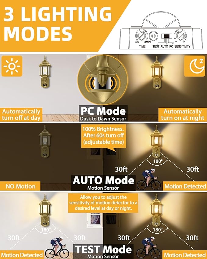 Redluck Motion Sensor Outdoor Lights, 16 inch Dusk to Dawn Outside Porch Lights, Waterproof Anti-Rust Aluminum Outdoor Wall Lights Exterior Lighting Fixtures for House, Garage, Front Door, Gold