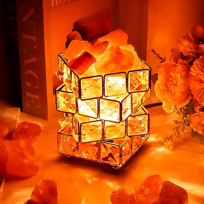 Natural Himalayan Pink Salt Lamp, Dimmable Brightness (Single Lighting Mode), USB Powered, Crystal Salt Rock Lamp for Home Decor, Night Light for Bedroom/Office, ETL Certified Cord (Crystal Cube)