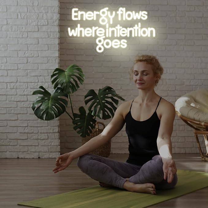 Energy Flows Where Intention Goes Neon Sign – Warm White LED Wall Light for Yoga Room, Gym, Meditation Space, Inspirational Quote Decor for Home or Studio 16.5″ ×9″