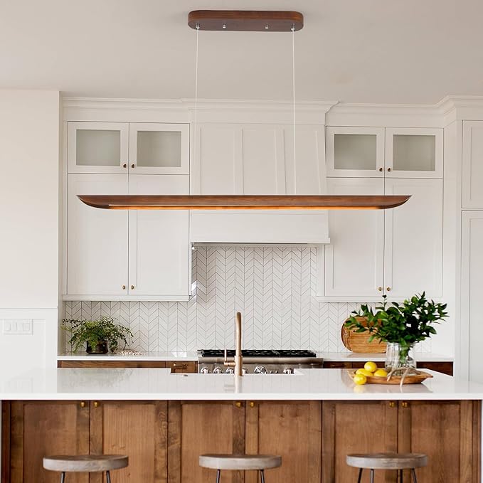 47" Wood Linear Pendant Light Modern Dimmable Kitchen Island Lighting with Remote 36W LED Island Lights Adjustable Linear Chandelier for Dinning Room Light Fixture, Bar, Pool Table Light Walnut Color