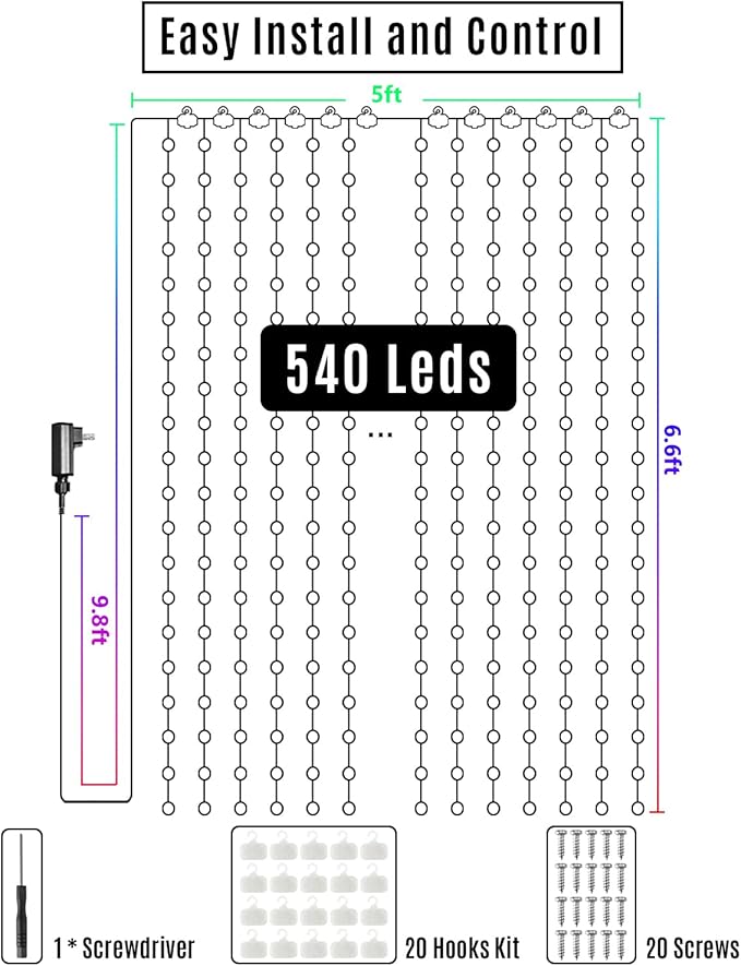540Leds Dynamic Curtain Lights, Smart App and Remote Control DIY Christmas Window Lights, Color Changing Animated Led Curtain String Lights IP65 Waterproof for Bedroom Wall Outdoor Decor, 5 x 6.6ft