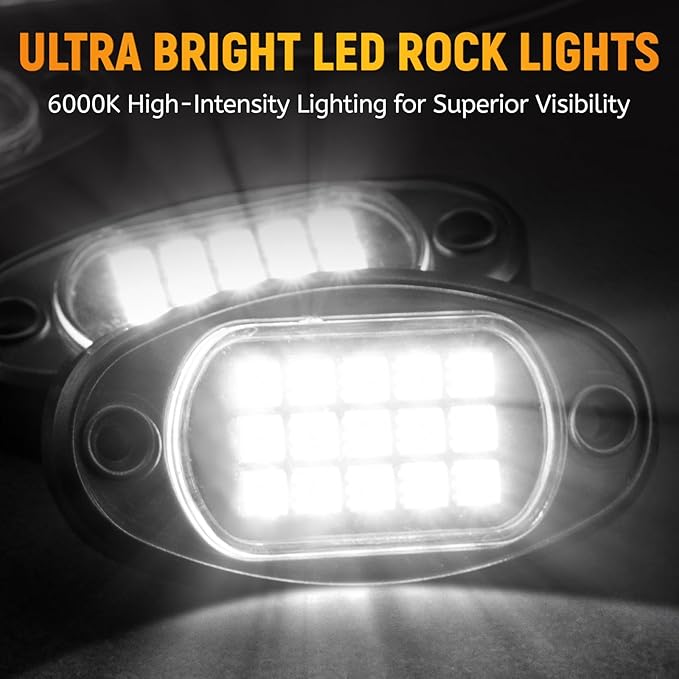 YONEDA 12 Pods White Rock Lights 6000K Ultra Bright LED Neon Underglow Lights IP68 Waterproof for Trucks SUV UTV ATV RZR Car Boats Pickup Motorcycle with 32.8ft Extension Wire