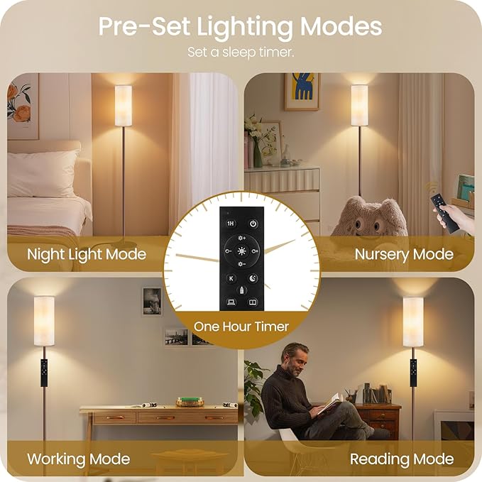 Dimmable Floor Lamps for Living Room with Remote and Foot Switch, 64.4” Modern Standing Tall Lamp, Corner Lamp for Bedroom, Bulb Included, 3000K-6500K, Beige and Brown, FCC Listed VE06LD05W1