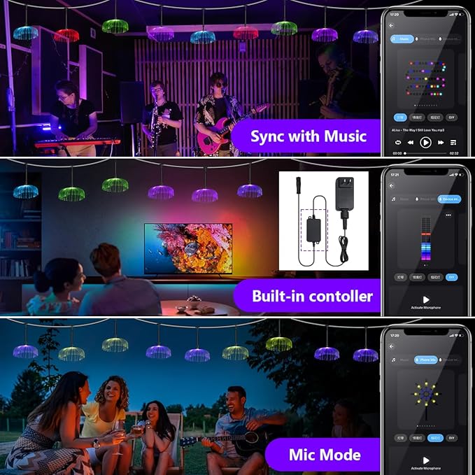 AZIMOM Smart 16.4ft 10pcs Fiber Optic Jellyfish Lamp APP Control Timing Music Sync RGBW Colorful IP67 Waterproof Outdoor Fairy Hanging String Light Garden Trees Christmas Party Wedding Ceiling Decor