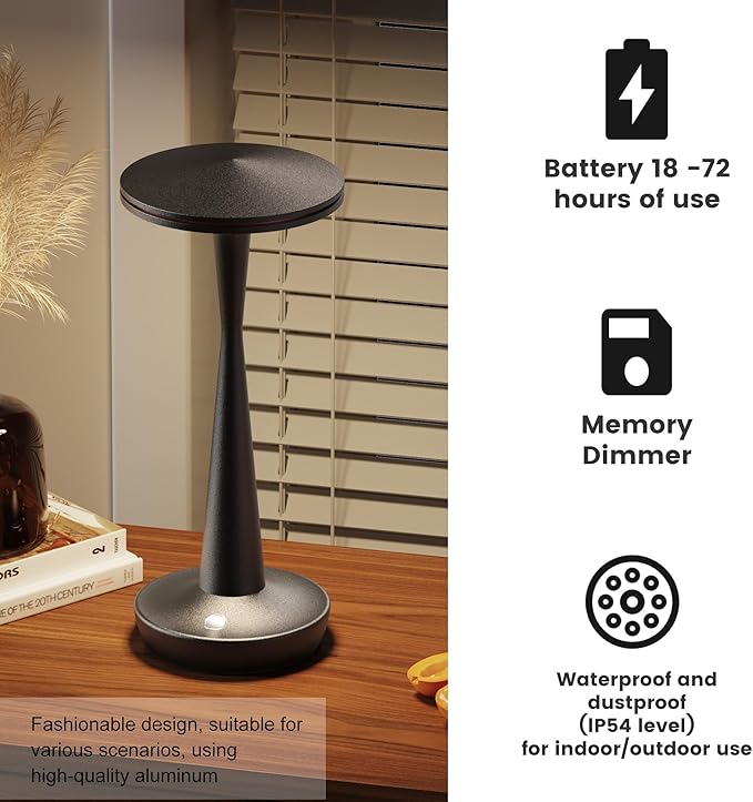 SAKRINGT Rechargeable Cordless Table Lamp, 72Hrs Battery Operated LED Table Light, Portable Touch Dimmable Lamp for Restaurant Patio Dining Outdoor Camping（2 Pack）
