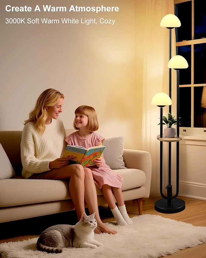 Black Dimmable Floor Lamp with Table, Modern Floor Lamps for Living Room, 3000K Warm Lights Tall Standing Lamp with Mushroom Shades & Bulbs for Bedroom/Office