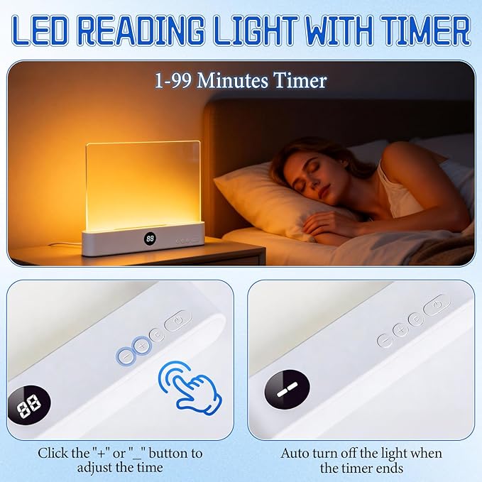 Flat Book Light, Rechargeable Clear LED Flat Reading Light with 3 Colors & Timer, Dimmable Panel Plate Book Lamp Full Page Light, Eye Protection, Book Lights for Reading at Night (White)