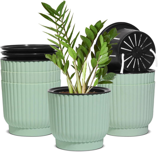T4U 6 Inch Self Watering Pots for Indoor Plants, 6 Pack Plant Pots, Self Watering Planter for Indoor Plants, Durable Plastic Pots, Flower, Succulents (6 Pack, 6", Green)