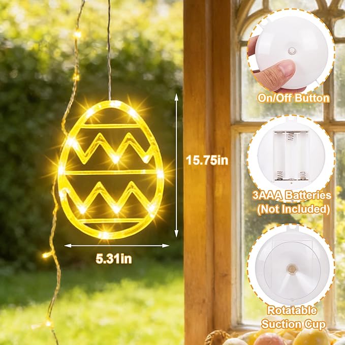 3 Pack Easter Lights for Window,Easter Window Hanging Lights Decorations LED Egg Shaped Battery Operated with Suction Cup for Home Bedroom Decor