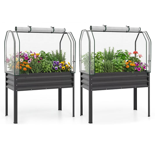 Giantex Raised Garden Bed with Legs & Greenhouse Cover, 44x22x60 Elevated Metal Planter Box with Roll-up Door, Outdoor Mini Greenhouse for Vegetable Flower Herb Patio Balcony (Black,2)