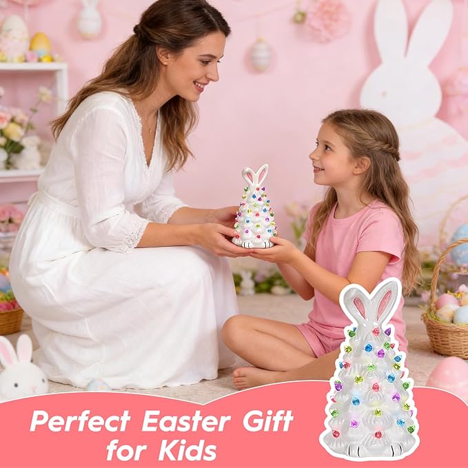Cute Ceramic Easter Tree Bunny Decor, Light up Easter Bunny Decor Spring Decorations for Indoor Bedroom Office Decor Tabletop for Kid Gifts (White)