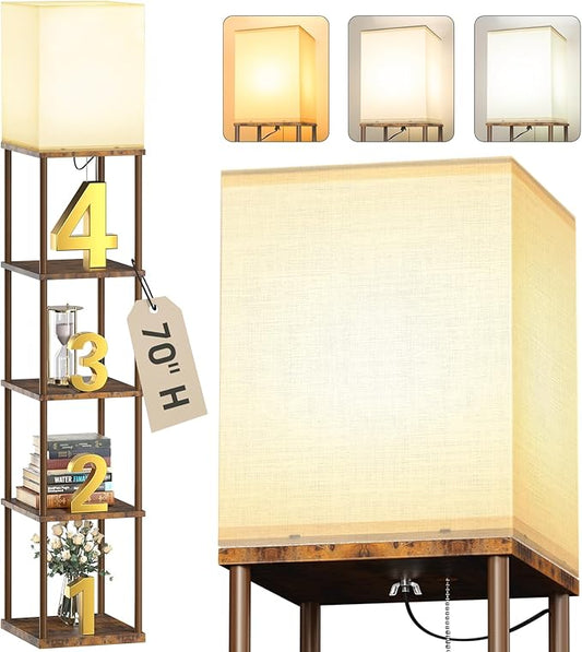 addlon 5-Tier Floor Lamp with Shelves, Standing Bookshelf Lamp with 3 Color Temperature, Corner Display Nightstand Lamp for Living Room, Bedroom and Office (70'' H, Brown)