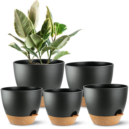 SE SUN-E Self Watering Plants Pot with Drainage Hole, Flower Plants Pots for Indoor & Outdoor, Black Plastic Self Watering Planters Succulent Pot 5pcs/Set