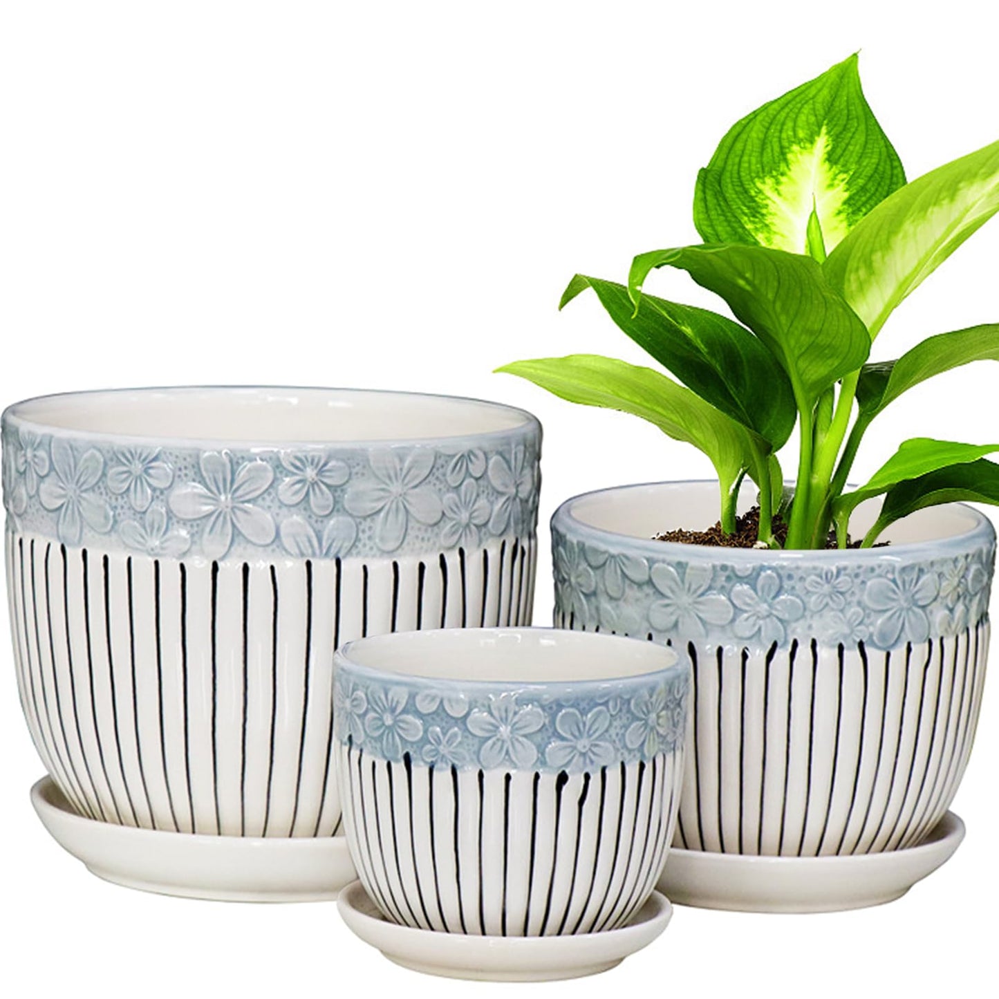 Hlukana Ceramic Plant Pots Set of 3, 6.75/5.6/4.2 inch Planters with Drainage Holes and Saucer, Flower Pot Outdoor Indoor, Modern Decorative Planters for House Plants Garden Planters Succulent Pots