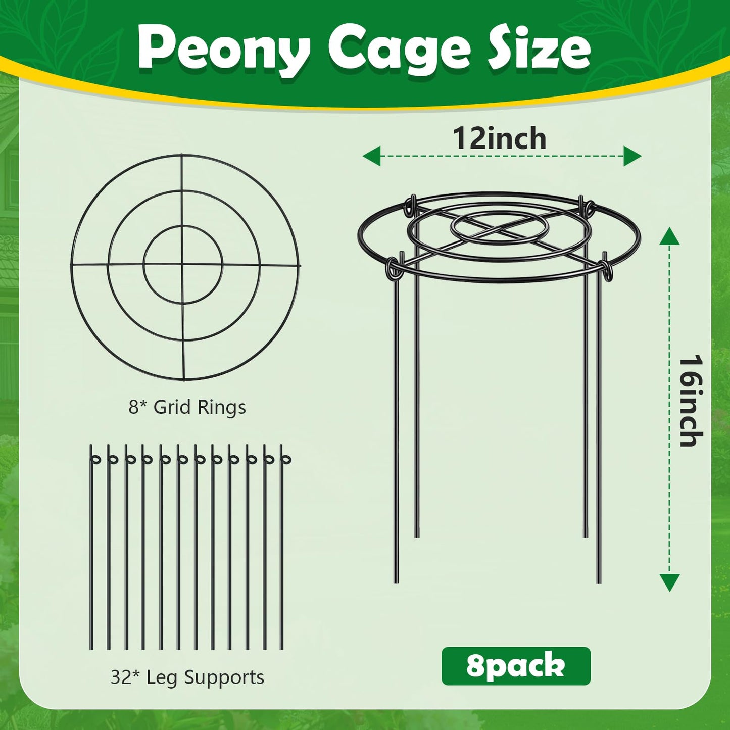 YHLYUZZ Peony Cages and Supports 8 Pack, 12x16 Inch Heavy Duty Metal Plant Cage for Outdoor Plants – Grow Through Flower Support Rings for Peonies, Roses, Tomatoes & Hydrangeas