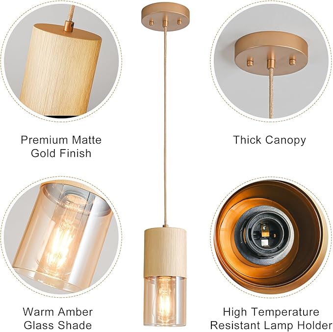3-Pack Gold Pendant Light Fixtures, Adjustable Modern Pendant Lights for Kitchen Island, Industrial Amber Glass Pendant Lights for Dining Table Hallway Bedroom Living Room