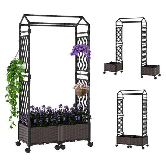 Byroce Self-Watering Tomato Planter Box with Trellis, 64” Tall Raised Garden Bed with Lockable Wheels, Arch Roof & Drainage Holes, Vertical Garden for Patio Balcony Outdoor Vegetables (Roof Type A)
