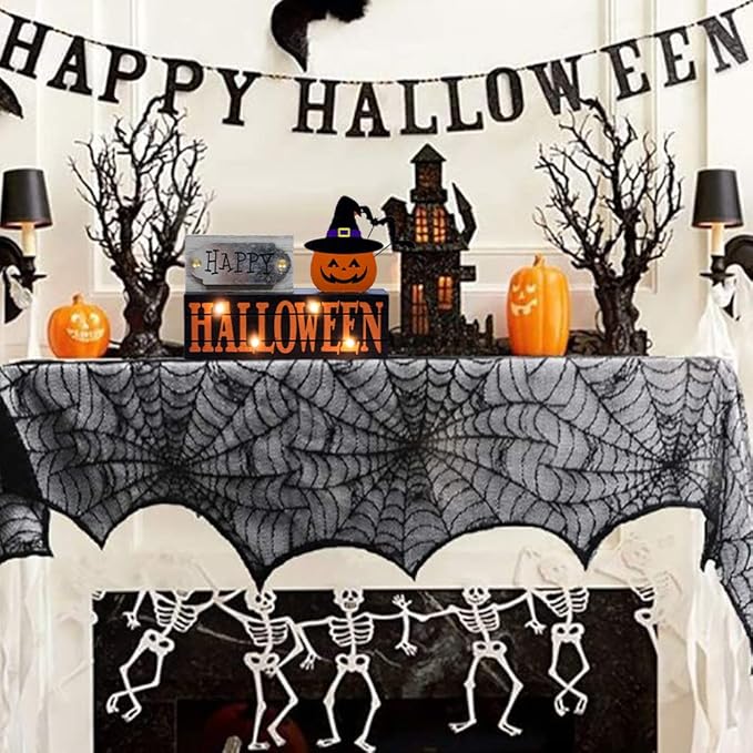 DECSPAS Halloween Decorations Indoor, Large Size 2-Layered Wood Block with LEDs and Pumpkin Face, Happy Halloween Sign Decorations for Home, Tabletop Gothic Decor for Party Shelf, Table, Mantel