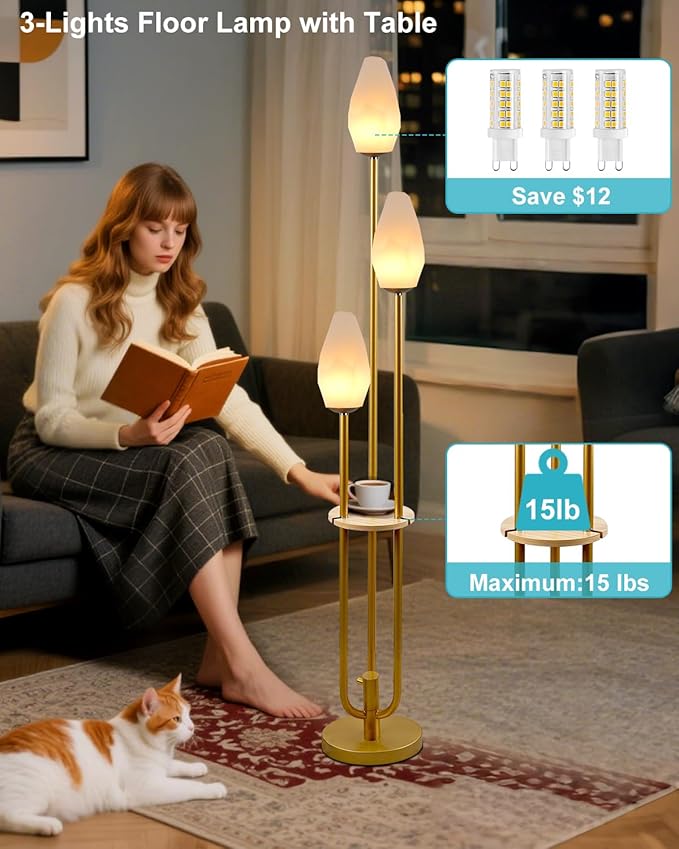 Lightdot Floor Lamp with Tray, 3-Lights Dimmable Floor Lamps with Rock-Shaped Shade, Unique Candle Holder Style Gold Modern Tall Lamp for Living Room/Party/Sofa Beside/Corner Decor(Bulbs Included)