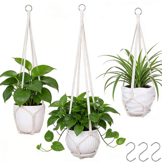 YIBOT 3 Pack Macrame Plant Hanger Indoor Hanging Planter for Plants Holder with 3 Hooks, 35"/29"/23" Size No Tassels for Boho Home Decor, Ivory (POTS NOT Included)