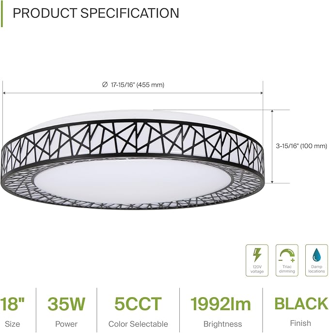 ASD 18 Inch LED Flush Mount Ceiling Light Fixture for Bedroom, 35W 1992LM 5CCT 2700K-5000K, Triac Dimmable Lights, Dining, Living Room, Kitchen Lamps, Modern Home Lighting Fixtures, Black, ETL, 4 Pack