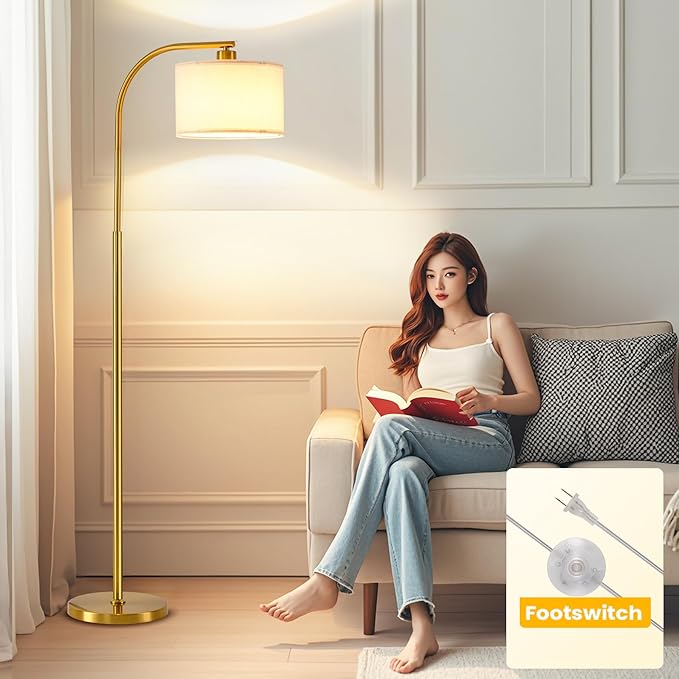 Tall Floor Lamp for Living Room,65'' Modern Standing Lamps with 9W LED Bulb,Elegant Floor Light with Fabric Shade,Gold Tall Lamp for Bedroom Office Study Room Corner Dining Room