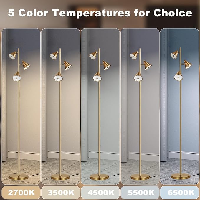 Tree Floor Lamp with Remote, Dimmable 3 Rotatable LED Lights, 5 Color Temperatures, 63" Modern Standing Lamp for Living Room, Bedroom, Office Reading Light (Bronze)
