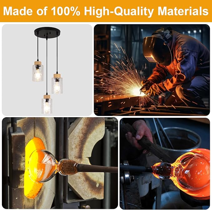 Modern Pendant Lights Kitchen Island, 3-Light Black Pendant Light Fixtures with Clear Hammered Glass Shade, Industrial Farmhouse Hanging Pendant Lights Fixture for Kitchen Island Dining Room Entryway
