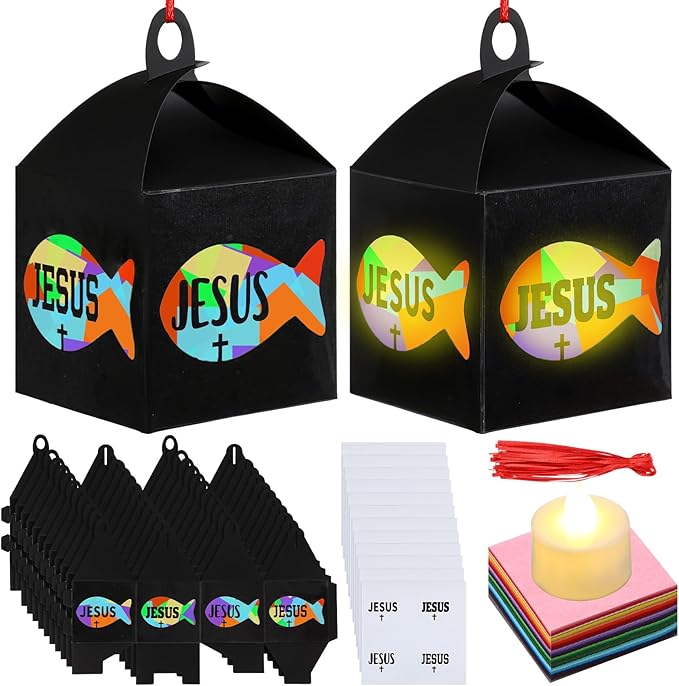 12 Sets Easter Crafts Religious Fish Crafts with LED Candle Light DIY Faith Jesus Fish Tissue Paper Kits Religious Hanging Ornament for Church Sunday School VBS Classroom Activities