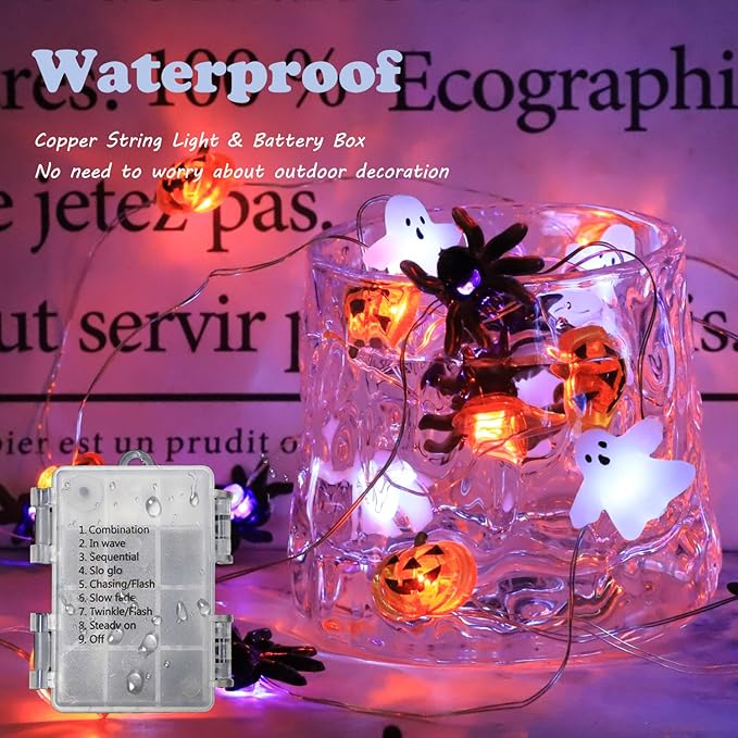 Halloween Decorations Fairy Lights White Ghost Orange Pumpkin Purple Spider, 30 LED Copper String Lights with Remote Control Battery Operated for Cosplay Party Supplies, Gothic Halloween Decor