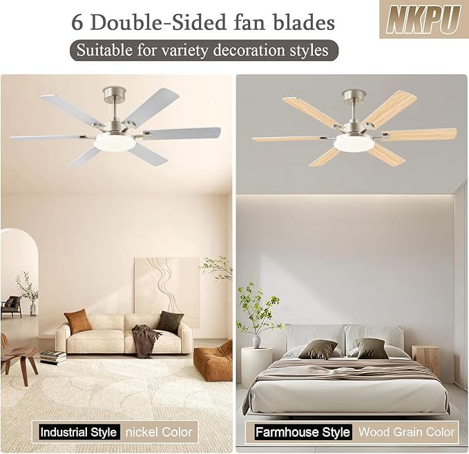 56 Inch Ceiling Fans with Lights, Large Modern Nickel Ceiling Fan with Light and Remote Control, 6 Double Sided Blades, 6 Speed DC Motor, Dimmable LED, Silent Timing, Indoor Outdoor Patio Use