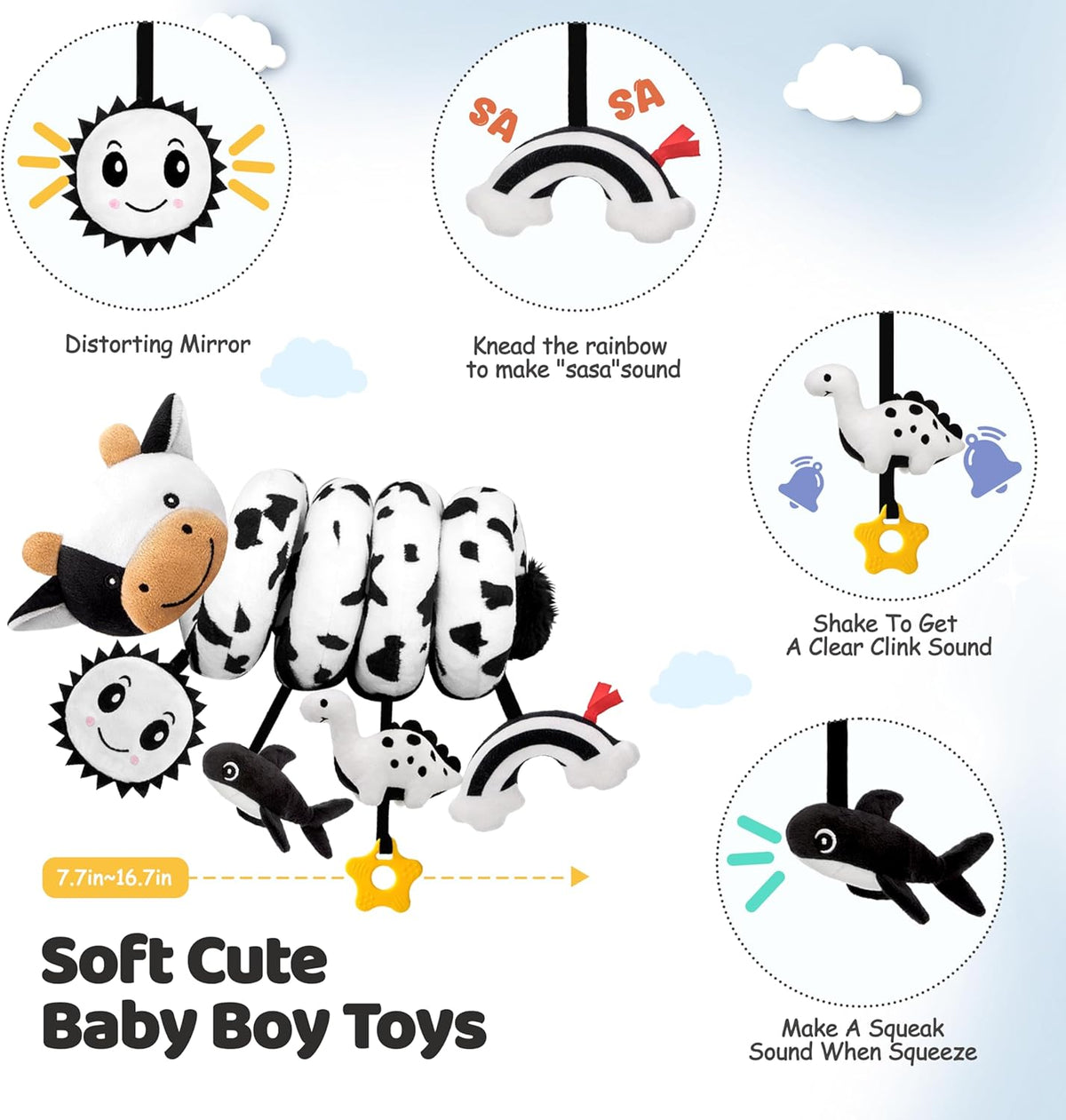 Skiennix Spiral Car Seat Baby Toy - High Contrast Sensory Hanging Stroller Accessory | Black & White Cow for Infants 0-6 Months