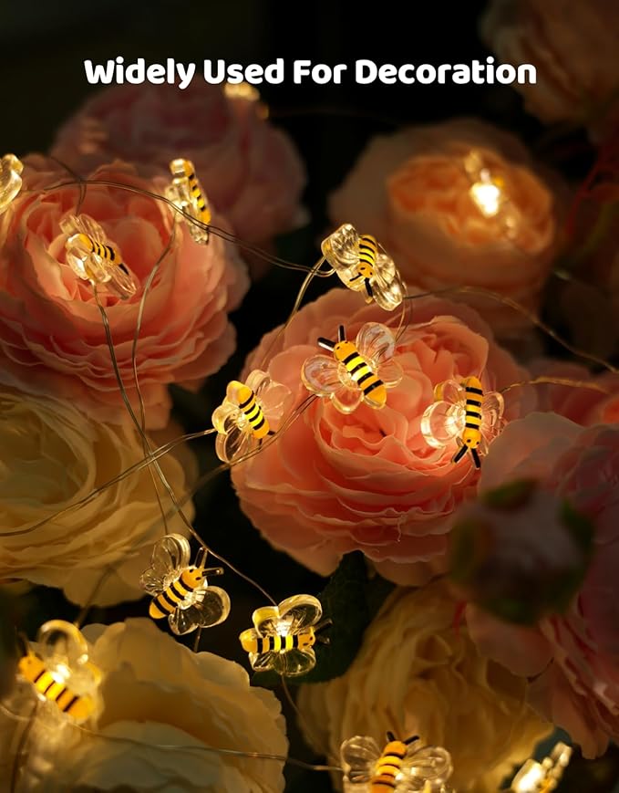 Bee Decor String Lights 10Ft 30 LEDs Battery Operated Bee Bumble Whimsical Decorations Spring Decor Honey Gifts for DIY, Home, Classroom, Birthday, Kids Room, Garden, Wedding, Party