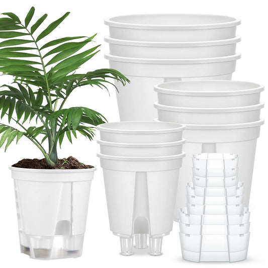 Wonderjune Self Watering Pots for Indoor Plants with Deep Reservoir and High Drainage Holes for Outdoor Plants and Flowers, Bare Root Planter(4.72'', 5.91'', 7.09'',White,9 Pcs)