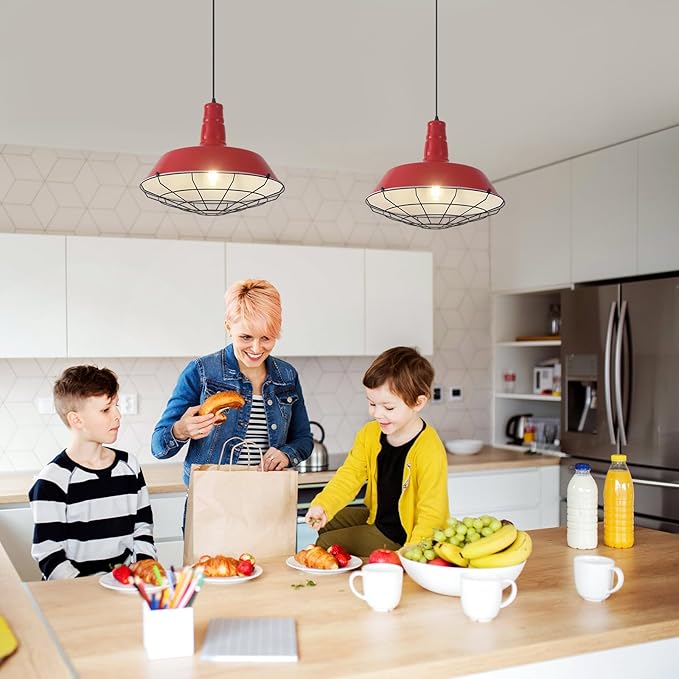 Red Pendant Lights Kitchen Island, 18.1 Inch Large Farmhouse Pendant Light, Oversized Industrial Pendant Light with Wire Cage, Barn Pendant Lights for Kitchen Dining Room (1 Pack)