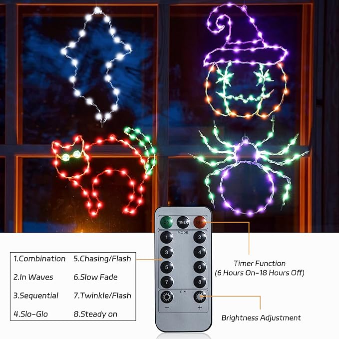 Halloween Lights Indoor 4 Packs, USB or Battery Powered Pumpkin Cat Spider Skull Decor, 8 Modes Remote Control with Timer, Halloween Window Lights Outdoor for Party