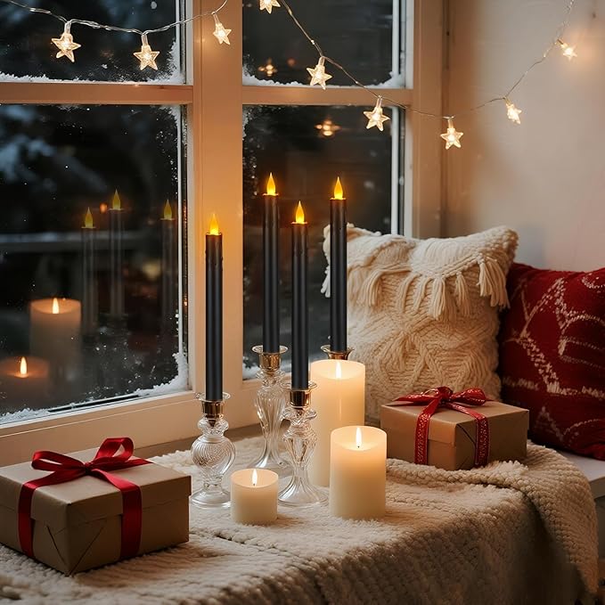 Flameless Taper Candles 10.6" Dripless Battery Operated Taper Candles Included Remote Timer 400+ Hours by 2AA Batteries for Halloween Christmas Wedding (Black, 24 Pack)