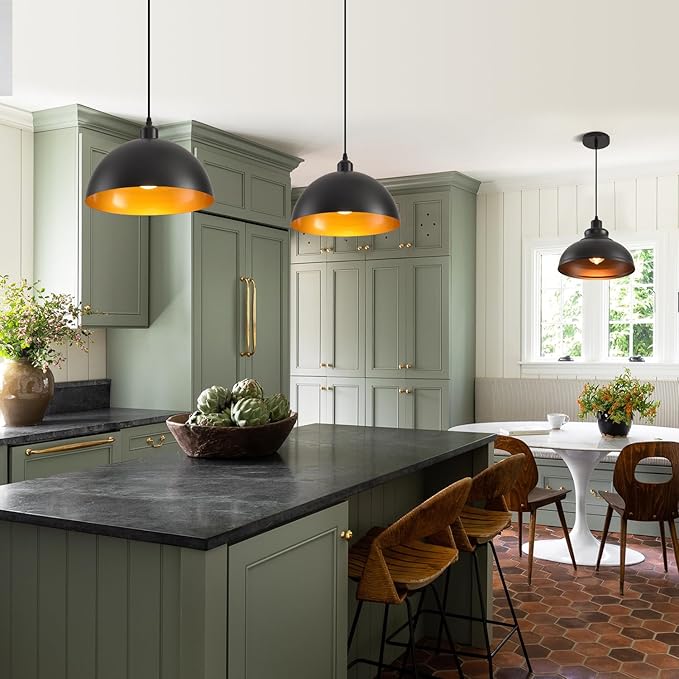 Plug in Pendant Light 2 Pack Industrial Hanging Lamp with Golden Finish Inside Black Vintage Pendant Lighting Fixtures with 15ft Cord On/Off Switch