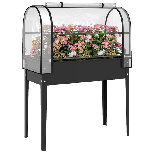 Outsunny Raised Garden Bed with Flip-Up Greenhouse Cover, Metal Elevated Garden Bed with Legs and Drainage Hole, Outdoor Raised Planter Box for Vegetables Herbs Flowers, 39.4" x 19.3" x 53.5", Black