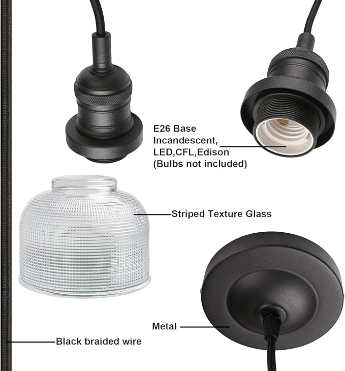 Yosoan Indoor Vintage Pendant Light with Striped Shade, 1-Light Hardwired Edison Vanity Fixture Industrial Semi Flush Mount Lamp Bowl Texture Glass for Kitchen Table Bar Island(Black)