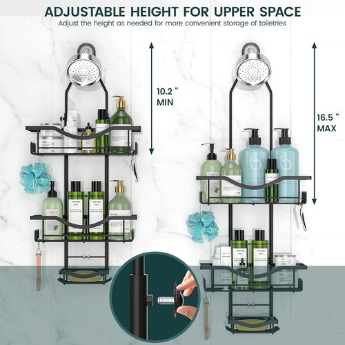 Adjustable Shower Caddy by Regine Switzerland - Rustproof Organizer with Hooks | Large Capacity, Black