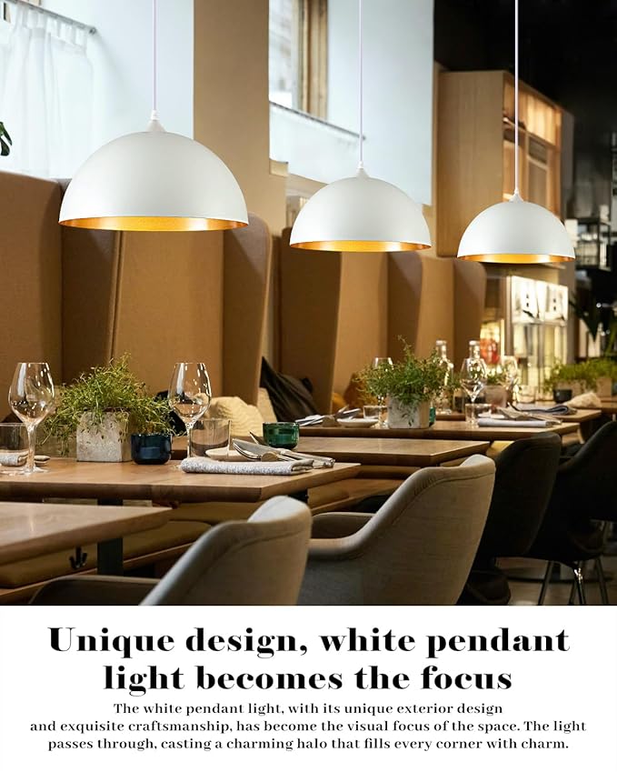 White and Gold Dome Pendant Light, 16 Inch Large Pendant Lights, White Pendant Lights Kitchen Island, Large Industrial Pendant Light for Kitchen Island, Dining Room, Cafe, Bar, 2 Pack