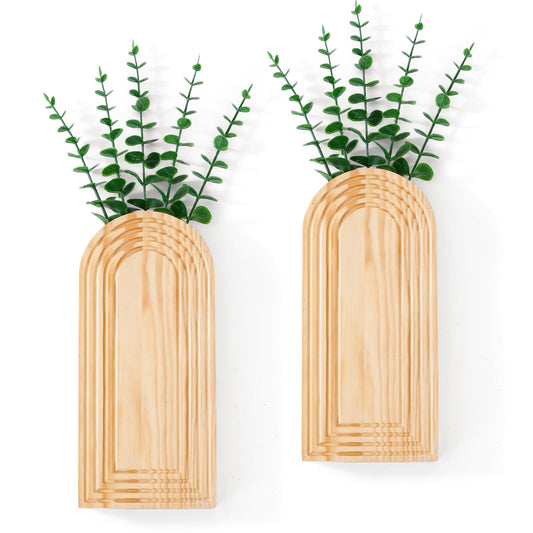 2 Pcs Wooden Wall Vase Set for Decor with 10pcs Artificial Eucalyptus Plants-Boho Hanging Planter Modern Farmhouse Wall Decor for Bathroom Living Room Dining Room Bedroom Kitchen