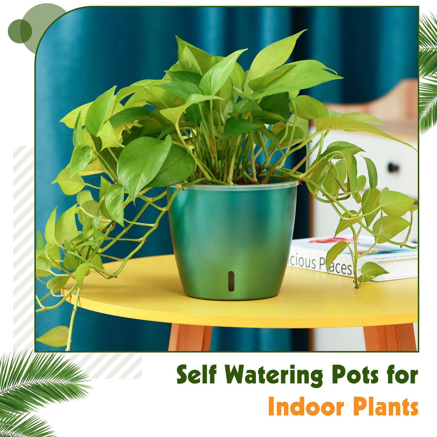 KvyusFlourish Self Watering Pots for Indoor Plants, 4-Pack 6.7'' Self Watering Planter with Drainage Holes, Small African Violet Pots with Water Indicator, Clear Wick Orchid Pot, Blue Gold