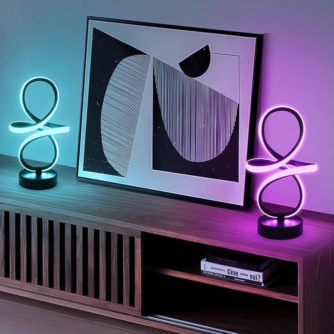 Modern RGB Table Lamps, Multicolor Changing Spiral Bedside Lamp with Remote&APP, Cool Table Lamp, Dimmable LED Nightstand Lamp with Music Rhythm Modes for Bedroom, Living Room, Black(2 Pack)