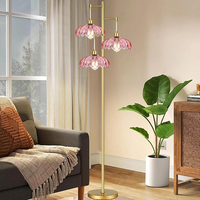 Pink Floor Lamp for Living Room,Bedroom,Gold Flower Mid Century Modern Standing Lamp Brass Tree 3 Light Tall Floor Lamps Vintage Floor Lights Glass Lamp Shade Farmhouse Boho Bohemian